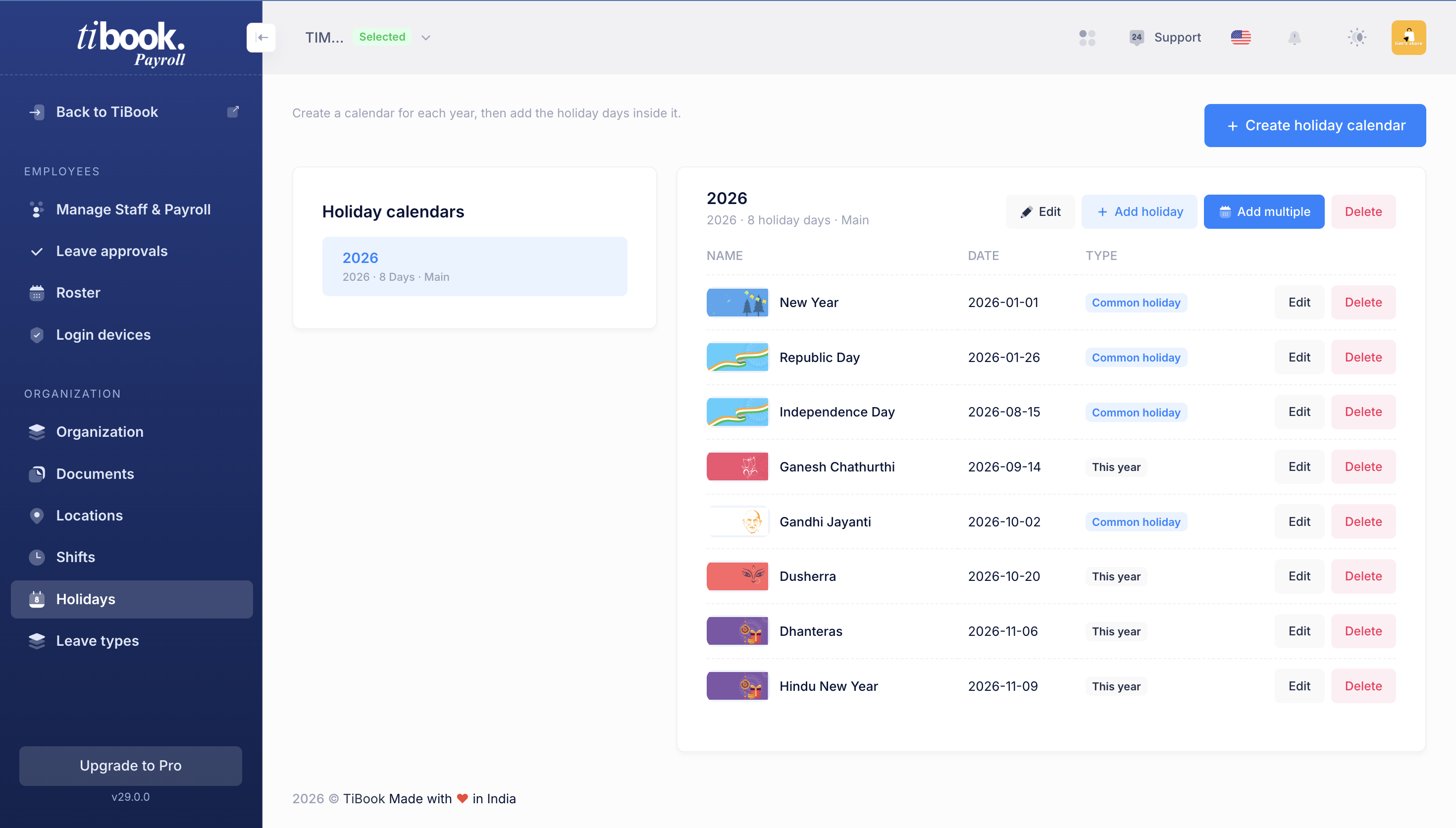 Employee Home — punch, wall, holidays