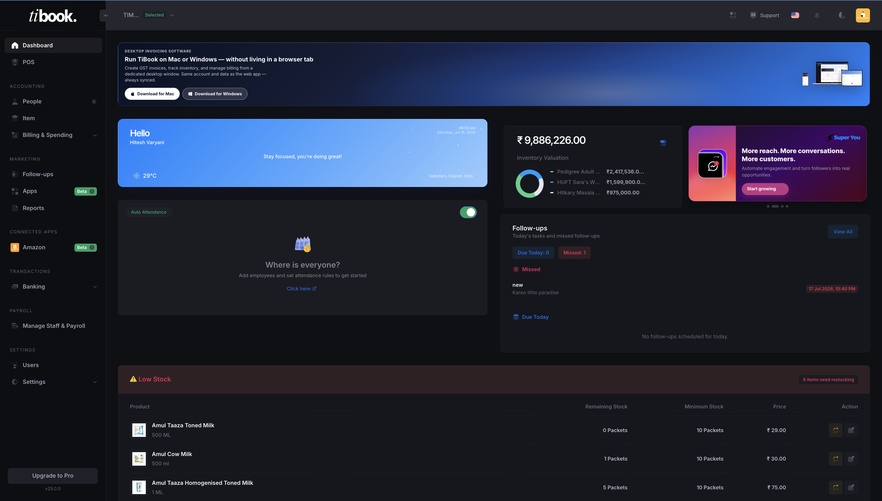TiBook dashboard in dark mode showing inventory valuation, follow-ups, and low-stock alerts